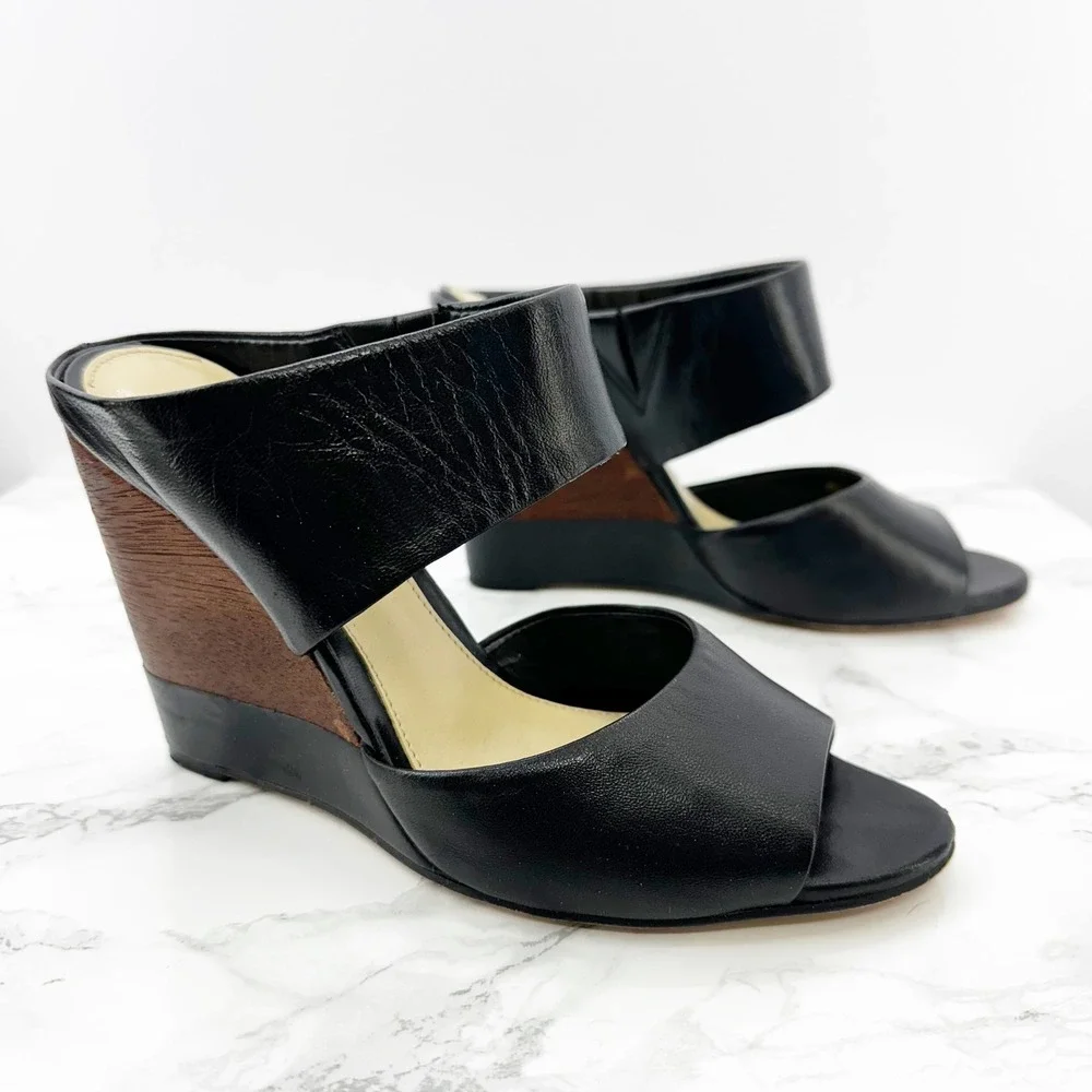 Vince Camuto Black Leather Wood Wedge Peep Toe Slides Sandals‎ Womens Size 7M - Picture 4 of 7